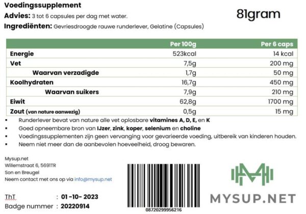 mysup.net label achterkant runderlever capsules gevriesdroogd